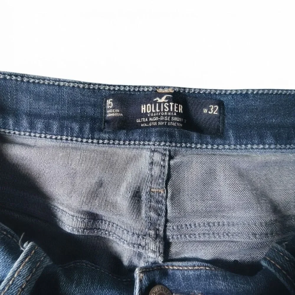 HOLLISTER Ultra High-Rise Cut Off Denim Shorts Blue Size 15 W32 Y2K Custom